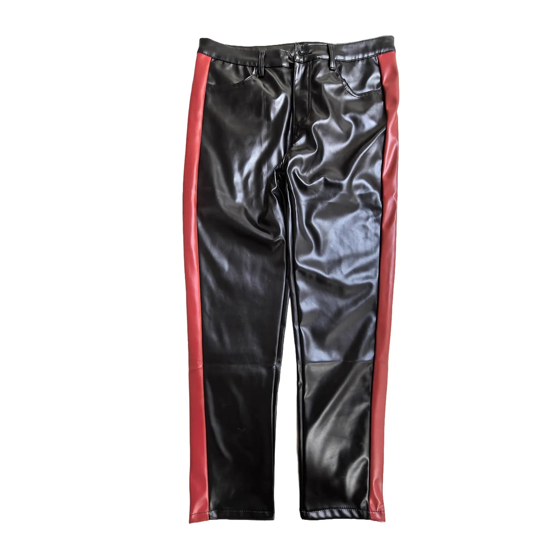 Black cropped PU leather skinny trousers for women with button fly, mid waist, dance and nightclub wear