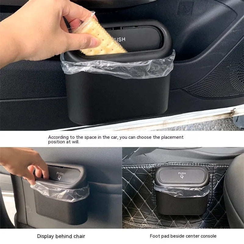 Folding car trash can in black waterproof plastic on car seat for waste collection