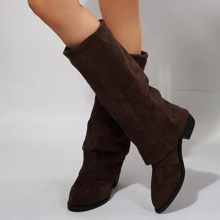 Chunky heel cowboy boot plus size unisex in artificial PU, mid calf length, brown colour