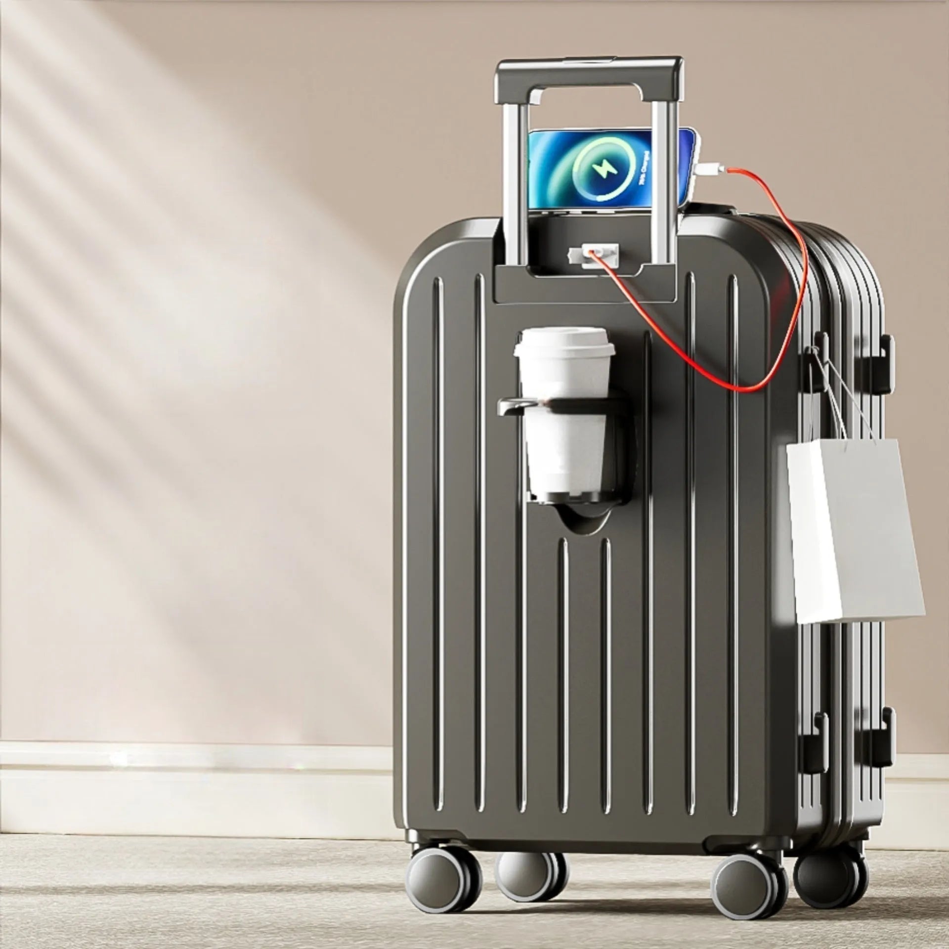 Small lightweight password suitcase trolley case with striped pattern and universal wheels in multiple colours