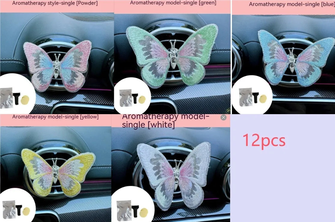 Moving embroidery butterfly decoration on car centre console air vent in pink fabric
