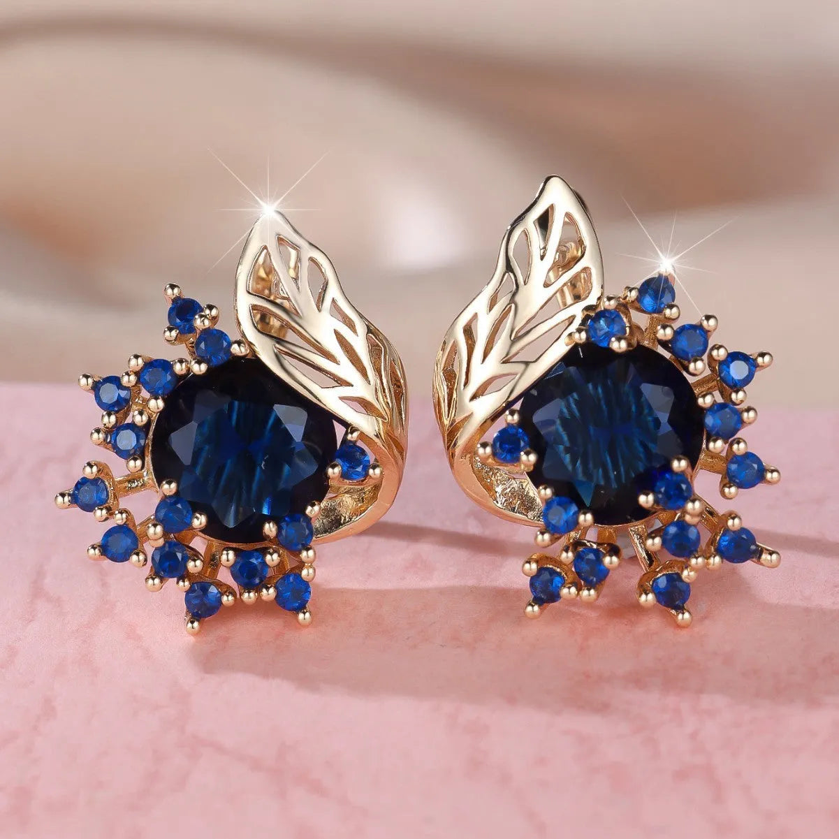 Round flower feather design zircon earrings in electroplated champagne gold with coloured stone options