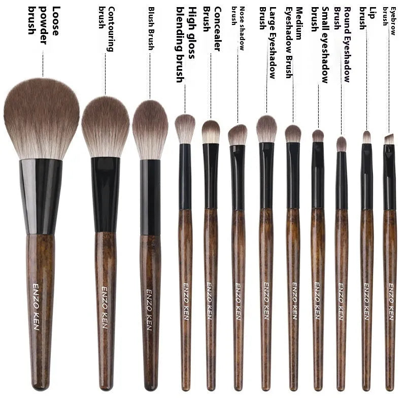 12-piece makeup brush set with wooden handles stored in black PU brush bag
