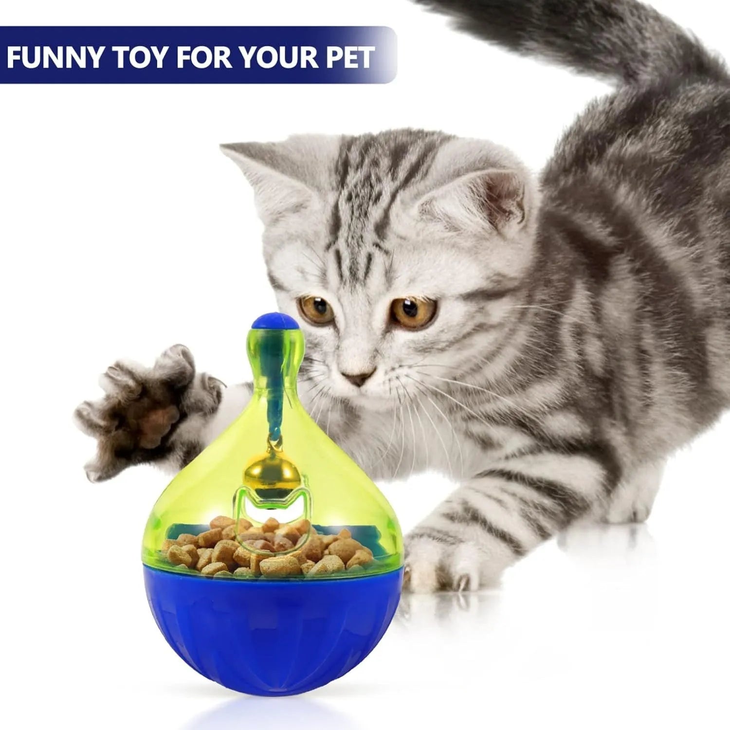 Blue and white tumbler-shaped interactive dog and cat treat dispenser puzzle toy
