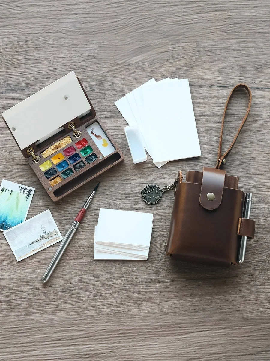 Mini walnut wood watercolour paint box with portable pigment suit storage case
