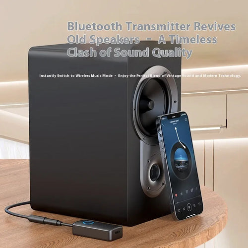 Small black Bluetooth audio adapter with a 3.5mm plug for wireless music streaming.