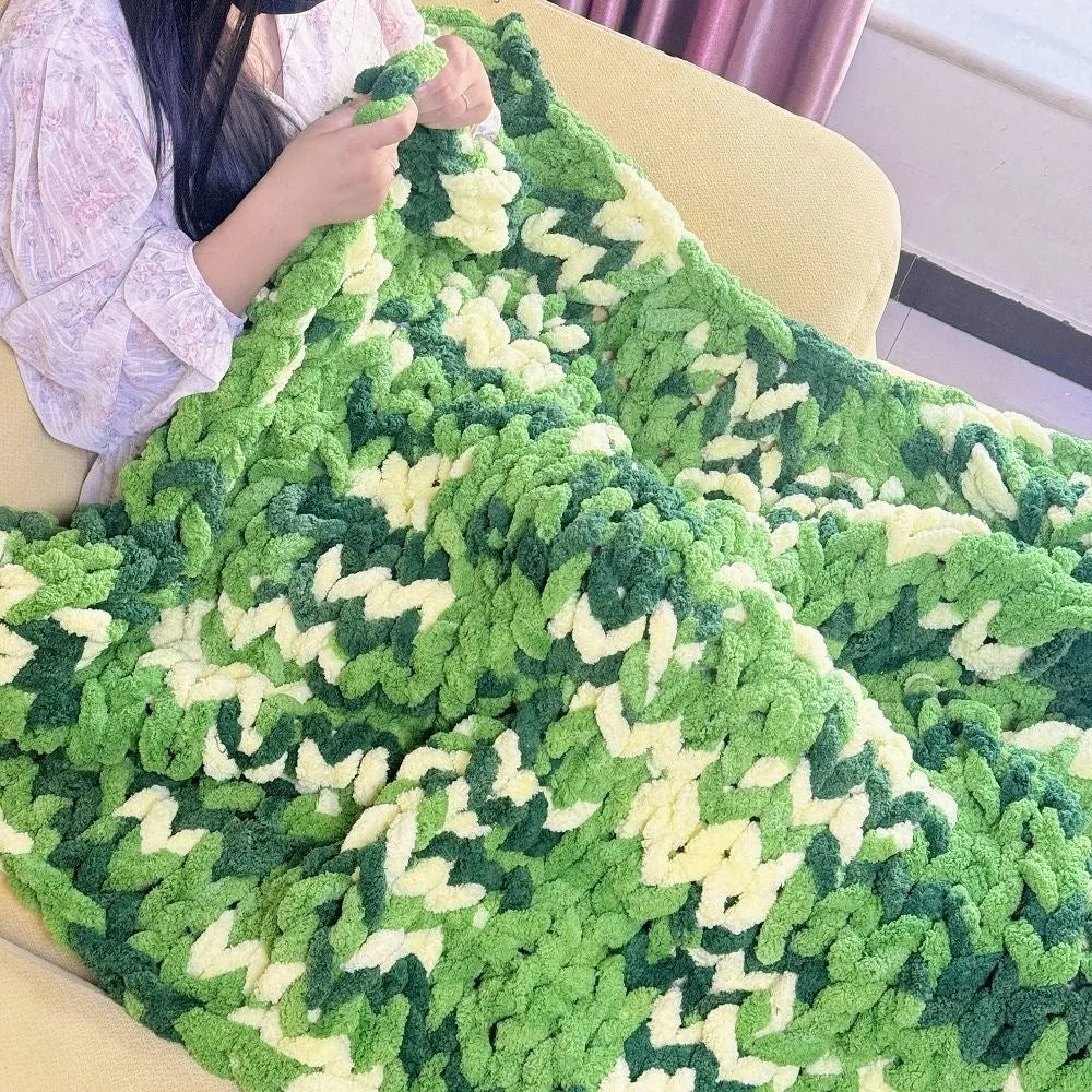 Coarse yarn chenille knitted blanket with braided gravity weighting in modern simplicity styling