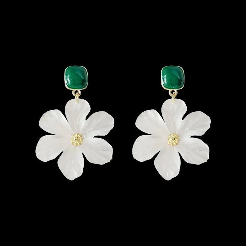 Dark green alloy floral earrings with needle flowers design for women