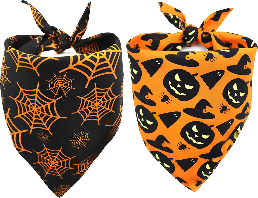 Reversible black and orange Halloween dog bandana with pumpkin and spider web patterns laid flat