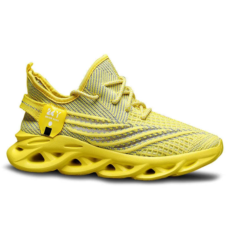 Men's flyknit breathable mesh casual sneakers low top round toe mid heel foam sole summer leisure shoes