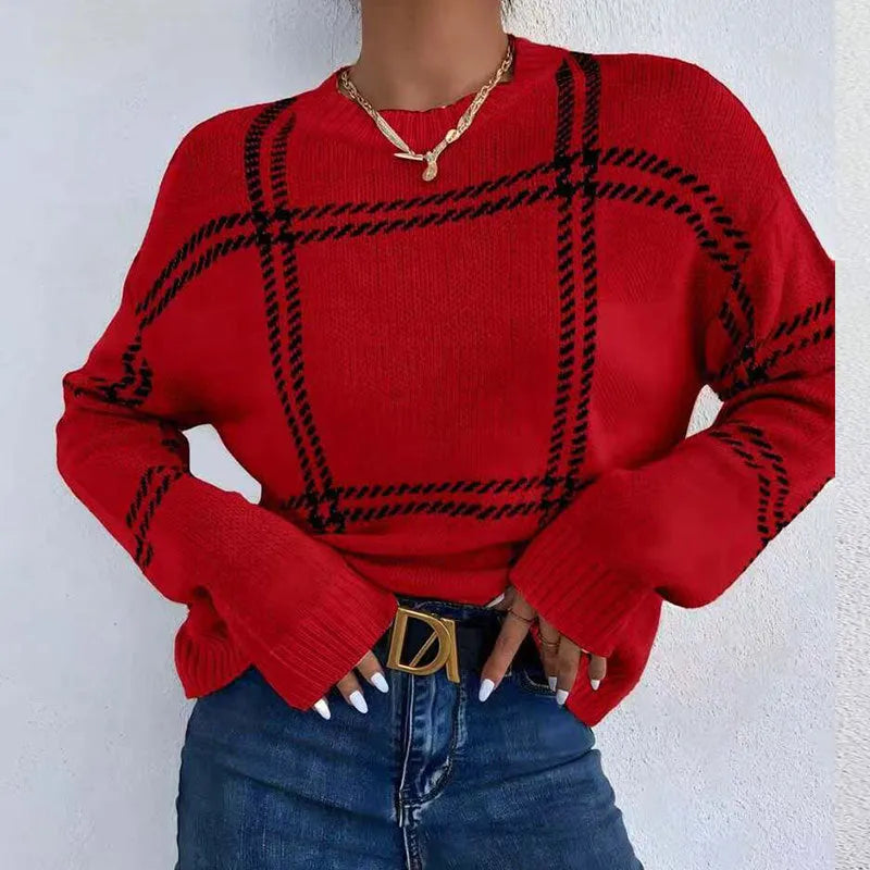 Women's plaid colour-block crew neck acrylic sweater in loose fit style
