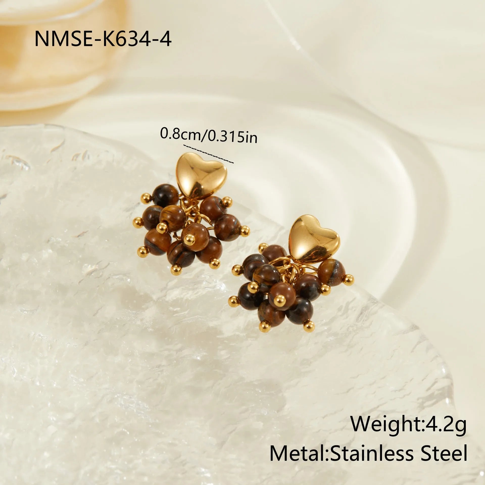 Retro natural stone beaded earrings stainless steel 18K electroplated heart geometric shape for women