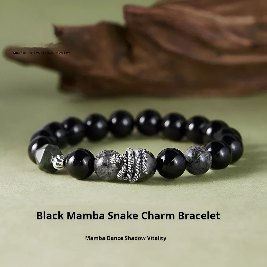 Men's S925 sterling silver bracelet with obsidian black crystal beads and snake zodiac modelling