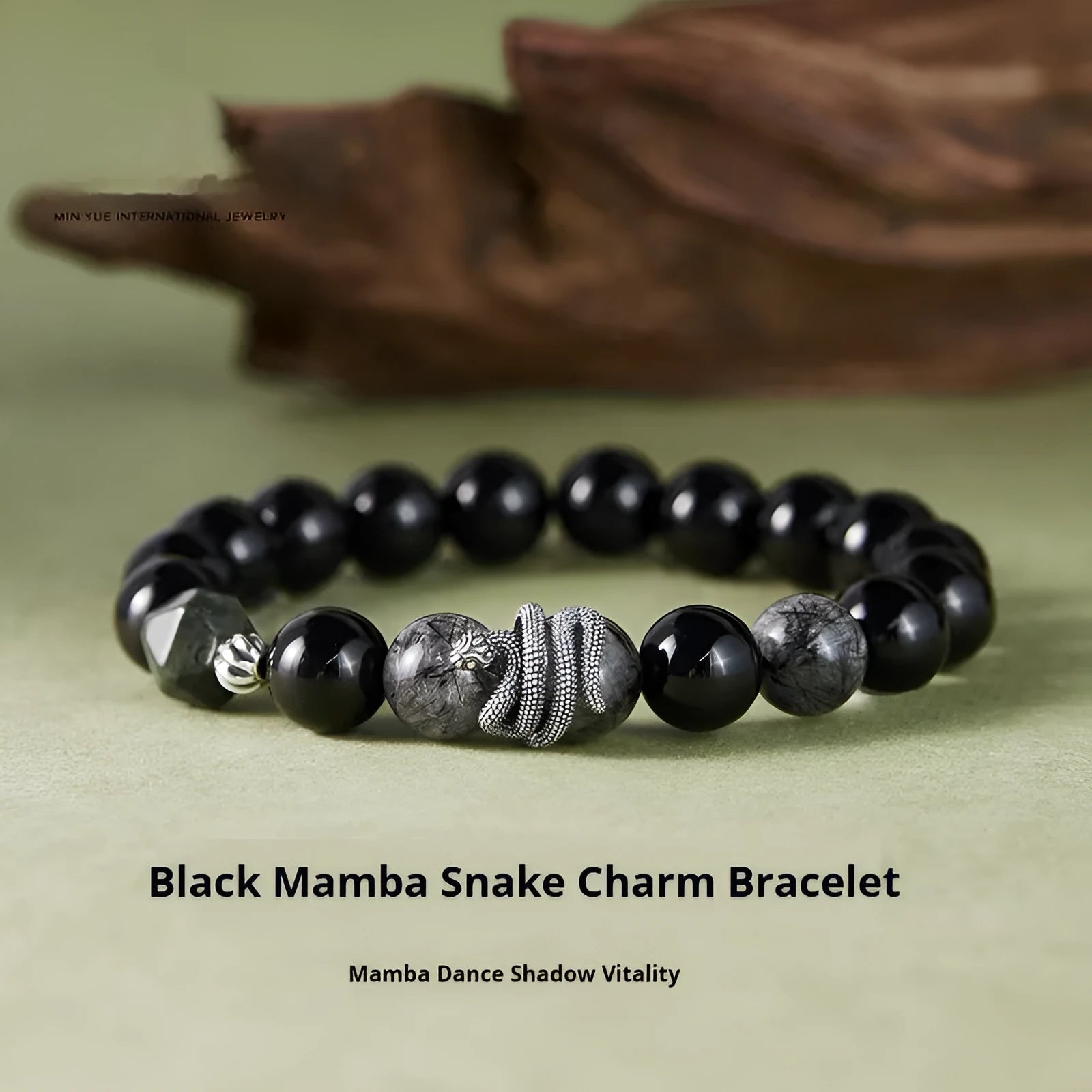 Men's S925 sterling silver bracelet with obsidian black crystal beads and snake zodiac modelling