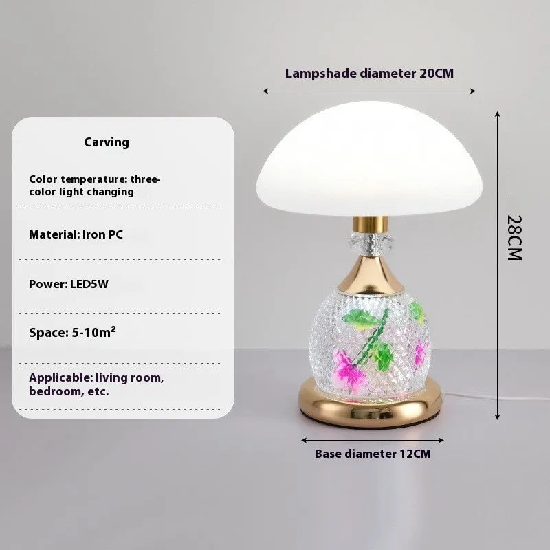 Light luxury mushroom table lamp with carved base in transparent colour on a wooden bedside table