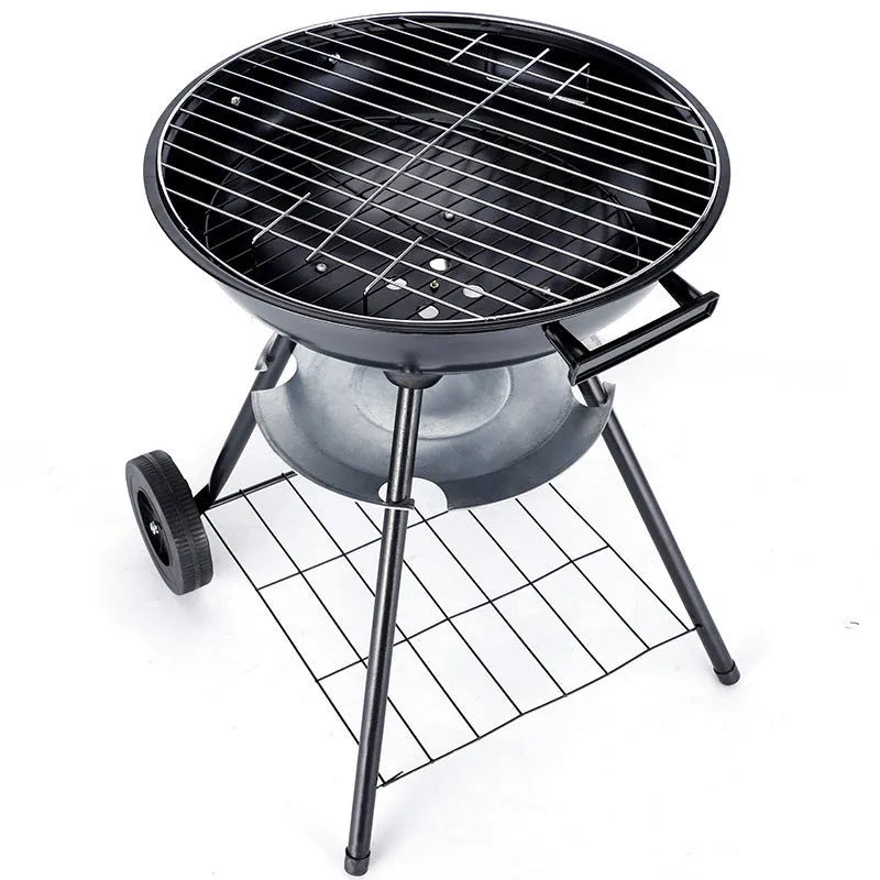 Portable iron barbecue grill with 14-inch cooking surface for outdoor use