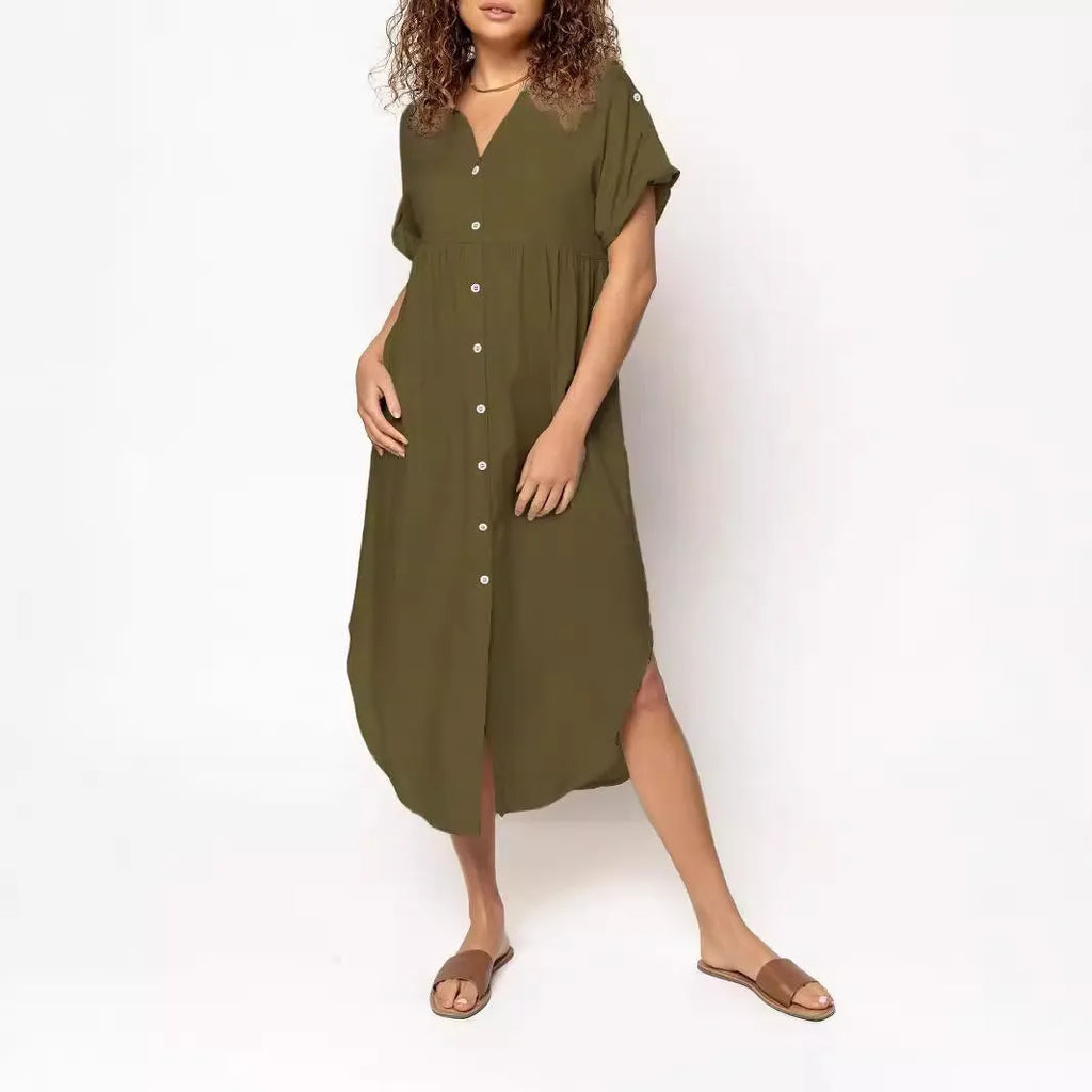 Button-front mid-length casual dress in solid colours with regular sleeves and polyester fabric