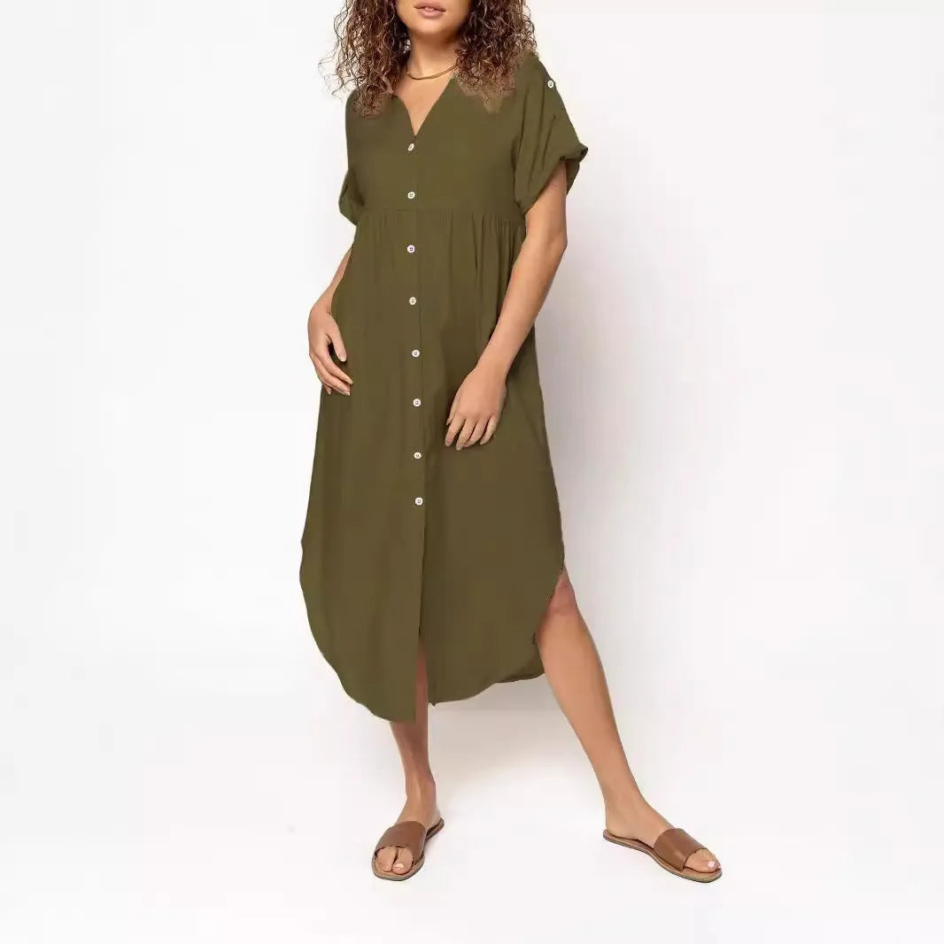 Button-front mid-length casual dress in solid colours with regular sleeves and polyester fabric