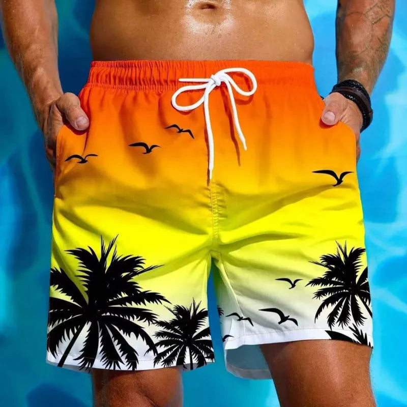 Man's ethnic style loose fit swimming trunks in a solid colour on a neutral background.