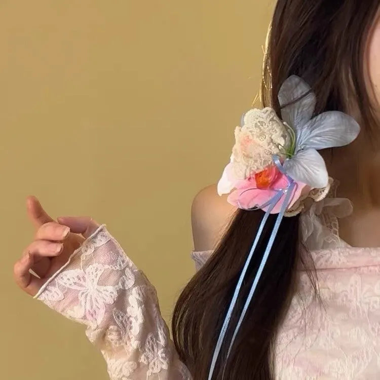 Ruhua In The Wild blue pink flower strap cloth barrettes for women hair accessories spring summer
