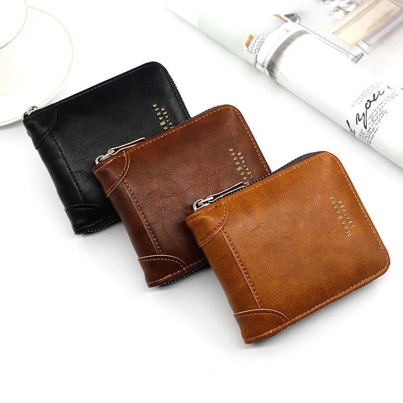 Men's short PU leather zipper coin purse in black with compact design