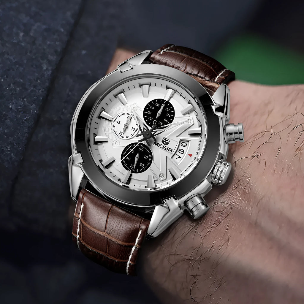 Men's multifunctional quartz watch with three subdials, waterproof construction, and luminous dials in black or brown colour options