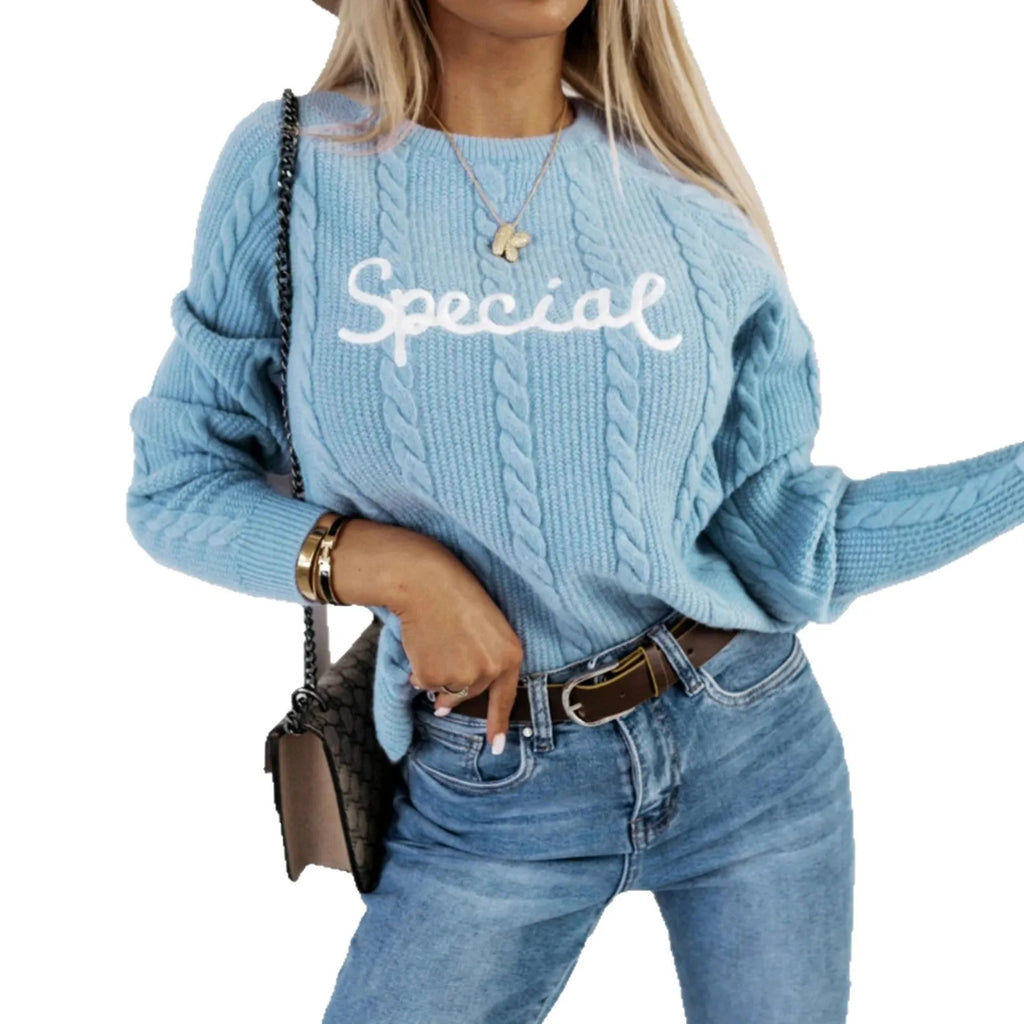 Blue pullover sweater with embroidered letter pattern and crew neck design