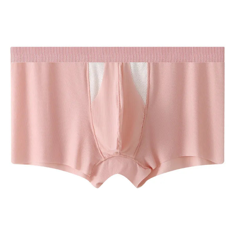 Men's black and grey ice silk double-layer underwear shorts showing the hole bag design for moisture separation.