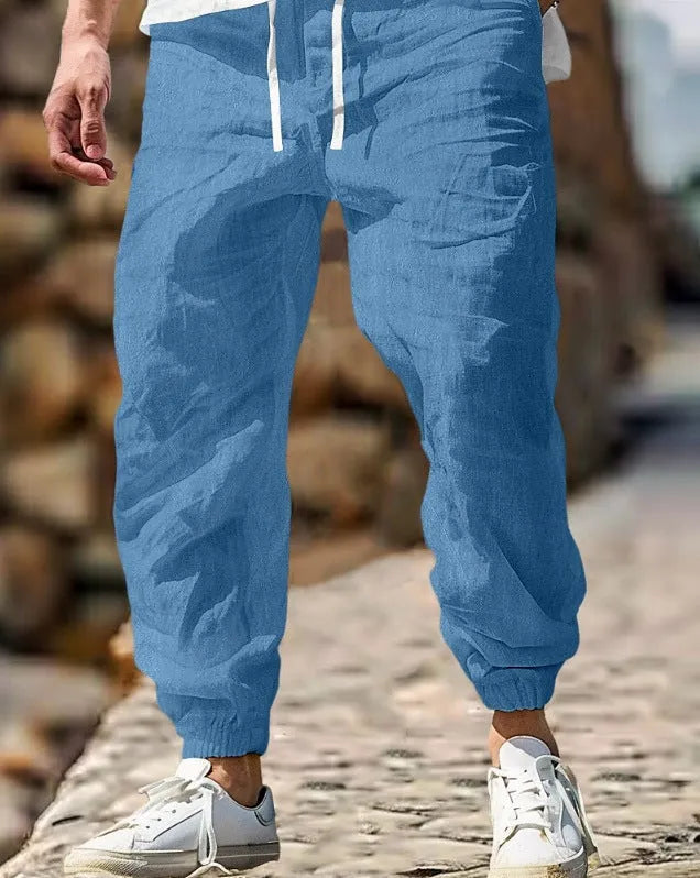 Men's straight leg linen trousers in Army Green with elastic waistband