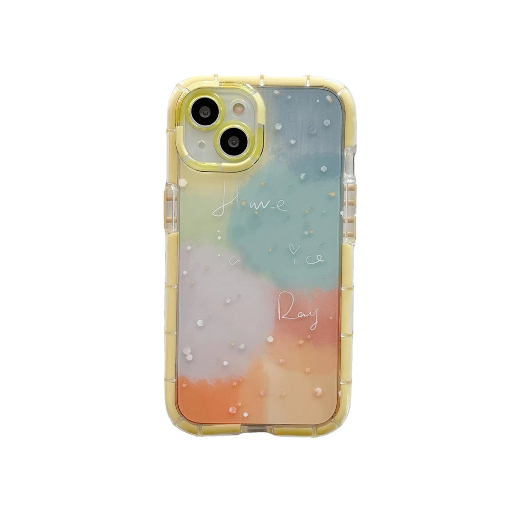Minimalist iPhone 14 silicone case with a yellow edge on a dark background.
