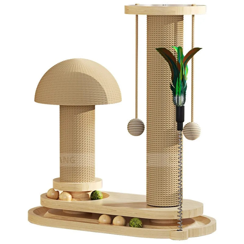 Solid wood cat scratching post with a central rotating turntable, shown in a natural wood finish.