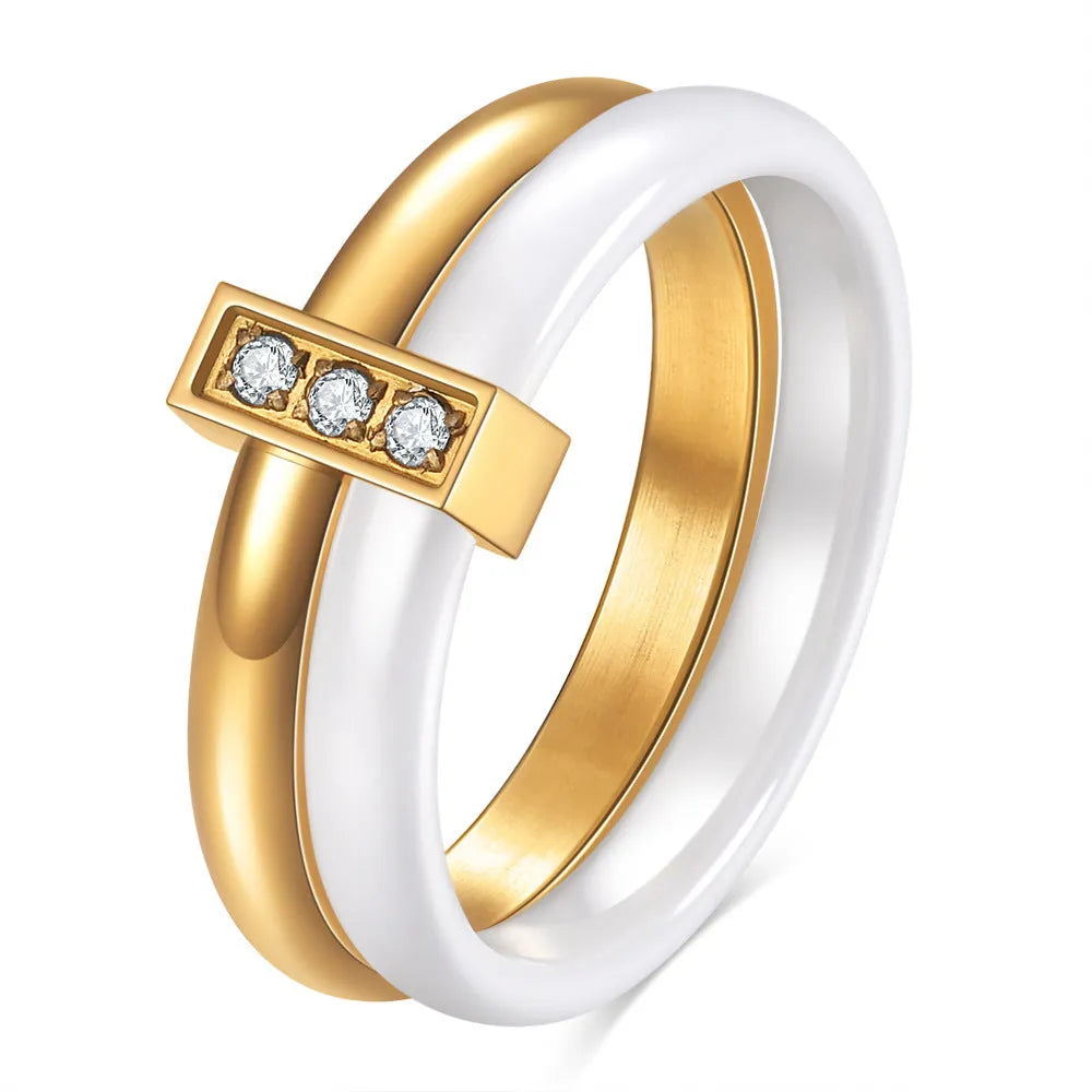 Women's ceramic ring with glossy stitching detail in steel black colour on size 8 finger