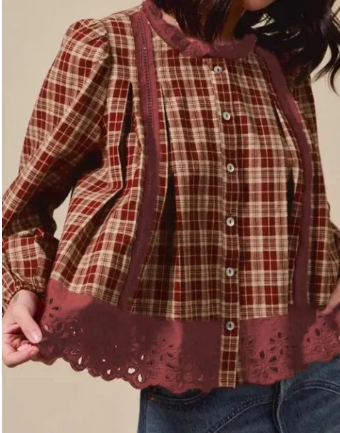 Red dahlia check hollow lace edge loose long sleeve cotton shirt for women