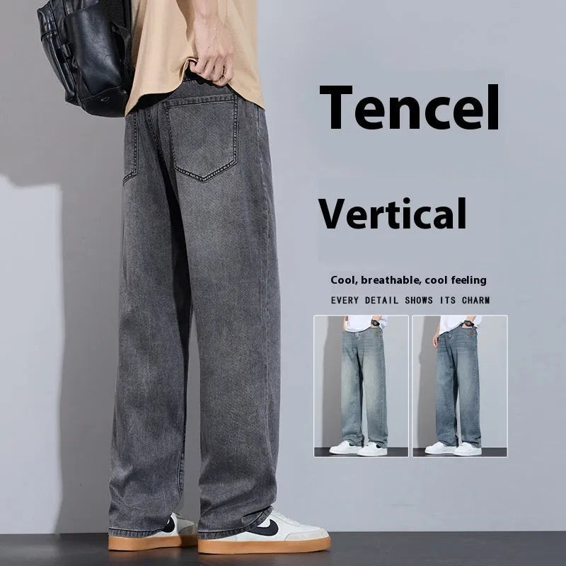 Straight-leg denim casual trousers in thin fabric on a hanger.