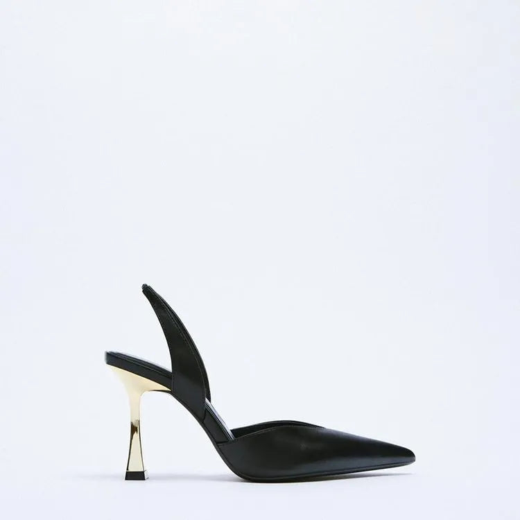 Women's nude patent leather pointed high heels in black and apricot colours with shallow mouth design