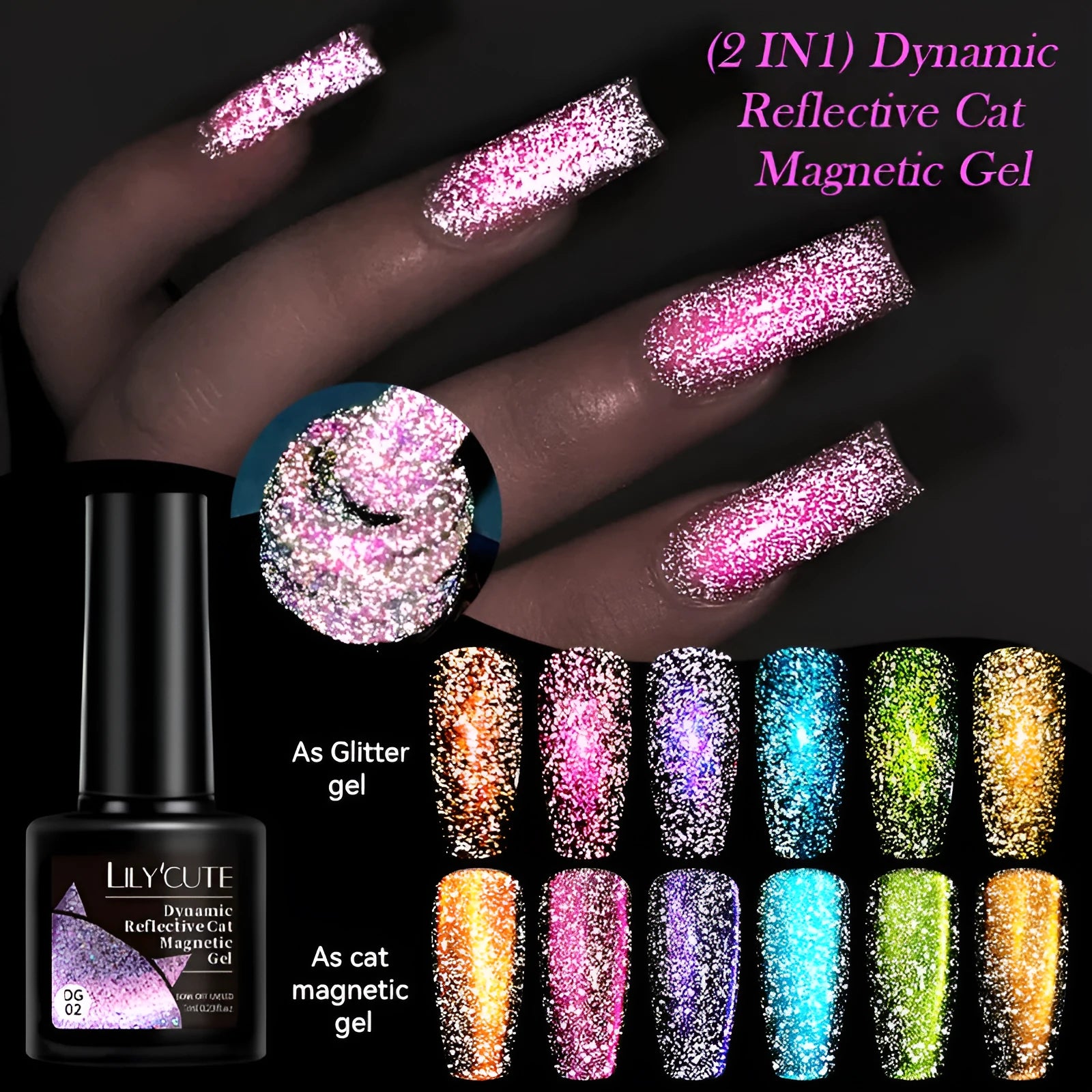 Cat eye series gel nail polish bottles showing six colour variations with diamond glitter fragments
