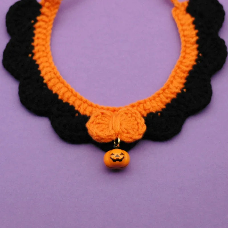 Hand-crocheted wool Halloween collar for cats and dogs in pumpkin colours with adjustable sizing