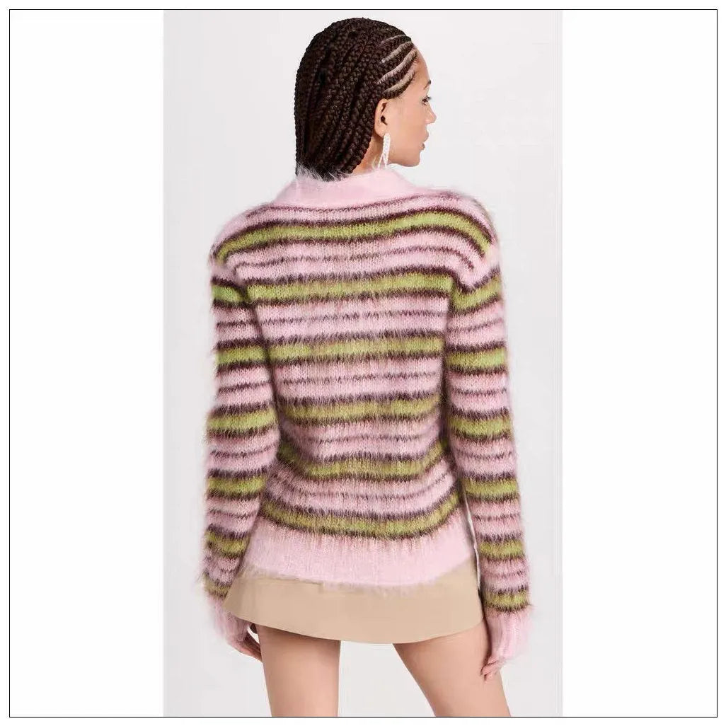 Pink wool knitted women's cardigan showing both round-neck pullover and open cardigan styles