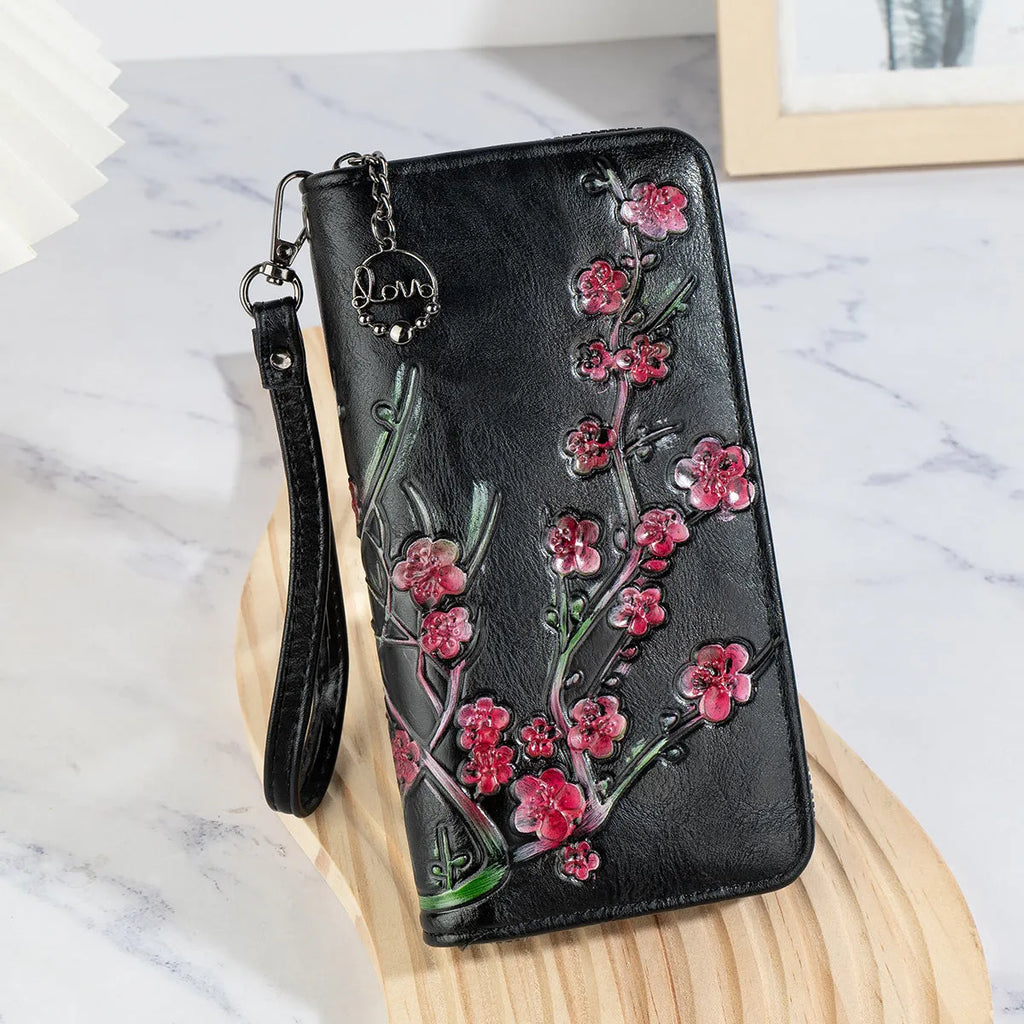 Embossed floral pattern Chinese style zipper handbag in polyurethane with three colour options