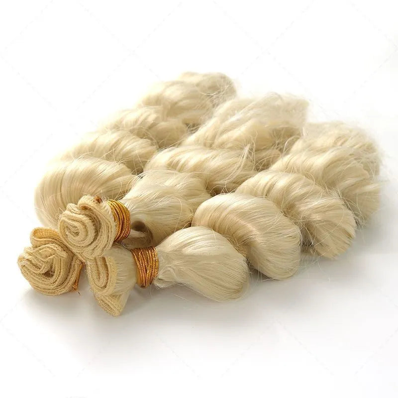 Golden synthetic hair weft wig showing length options on mannequin head