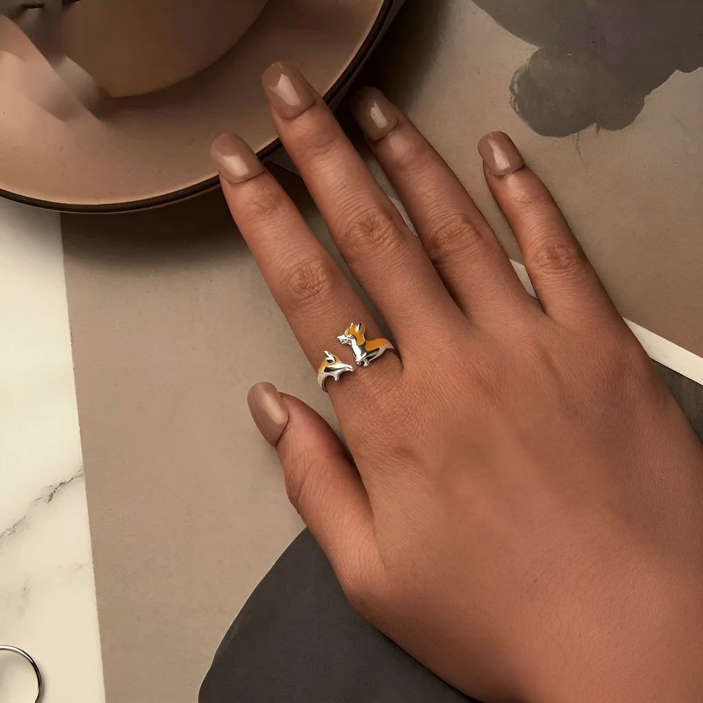 Silver ring featuring a cute cartoon corgi dog design with electroplated SCR1014-E colour finish.