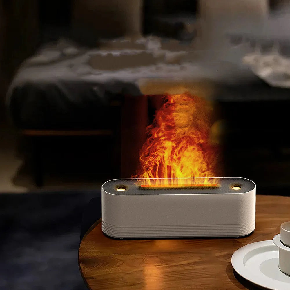 Black ultrasonic aroma diffuser with LED flame lighting emitting cool mist