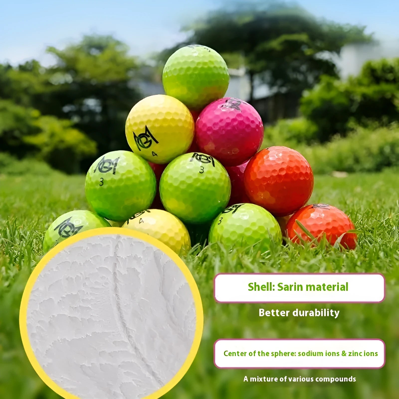 Golf Color Game Ball two-layer practice ball in orange, yellow, green, and rose colours, 42.6mm diameter