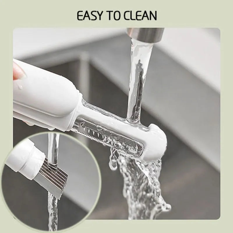 White 3 in 1 rotary paring knife with 360 degree rotating stainless steel blade on a kitchen counter