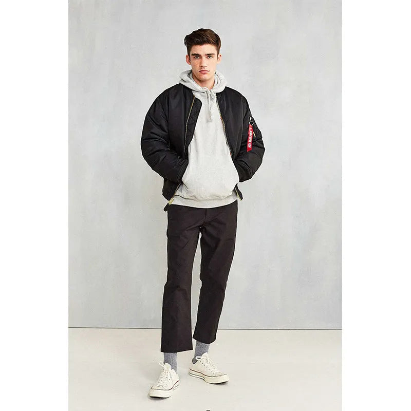 Men's army green loose-fit cotton-padded pilot jacket with double-sided wear-resistant nylon construction.