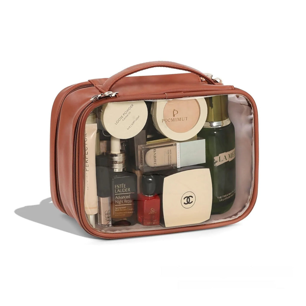 Clear PVC cosmetic bag with waterproof lining shown in a beige colour option.