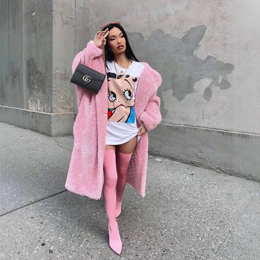Women's double-sided lapel polyester coat in solid colour, long sleeves, medium length 65cm, loose fit, with two front pockets