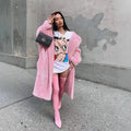 Women's double-sided lapel polyester coat in solid colour, long sleeves, medium length 65cm, loose fit, with two front pockets