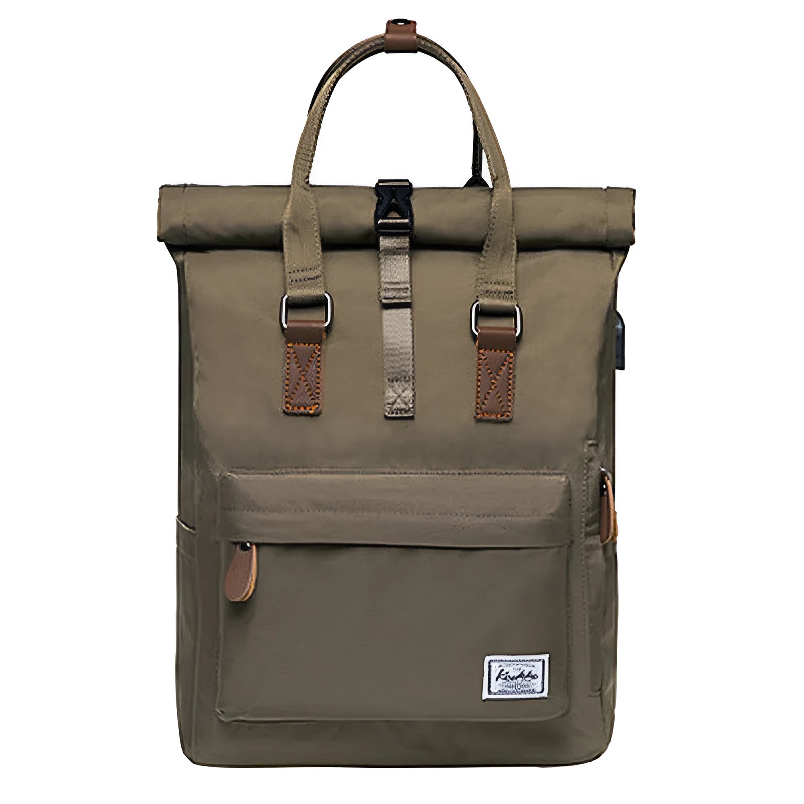 Casual polyester backpack with cover opening showing internal computer pocket and zipper organiser