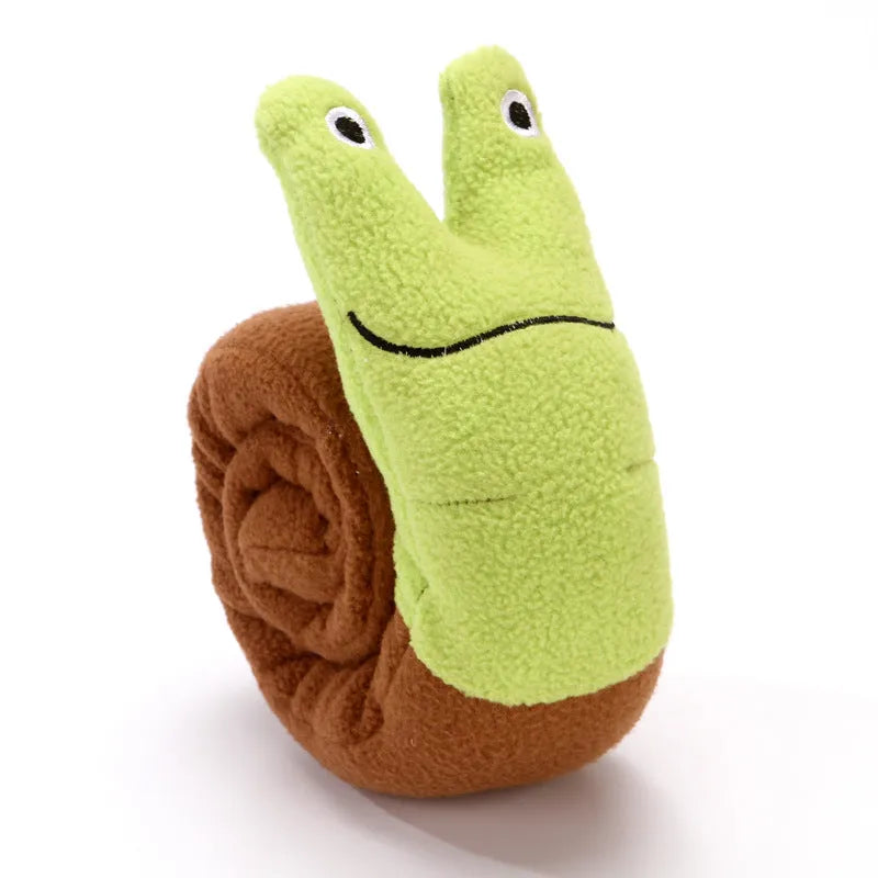 Transformable squeak dog toy in snail shape with hidden food holes for foraging training